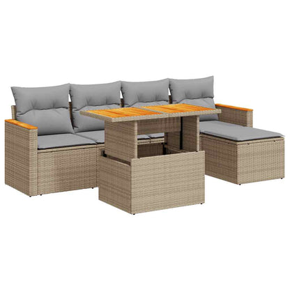 6-tlg. Garten-Sofagarnitur mit Kissen Beige Poly Rattan Akazie