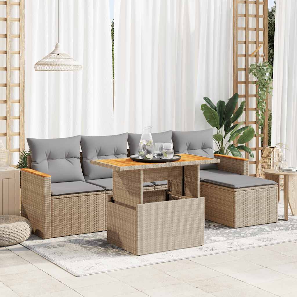 6-tlg. Garten-Sofagarnitur mit Kissen Beige Poly Rattan Akazie