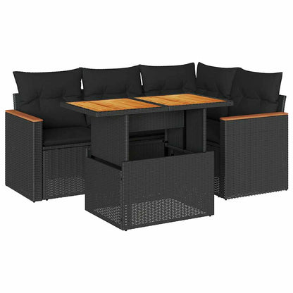 5tlg. Garten-Sofagarnitur mit Kissen Schwarz Poly Rattan Akazie