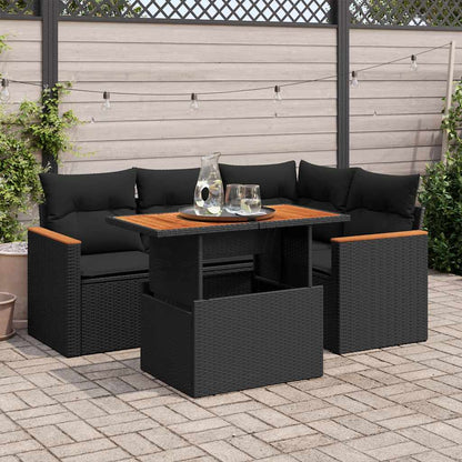 5tlg. Garten-Sofagarnitur mit Kissen Schwarz Poly Rattan Akazie