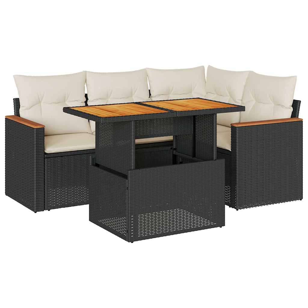 5tlg. Garten-Sofagarnitur mit Kissen Schwarz Poly Rattan Akazie