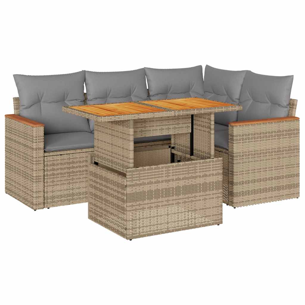 5-tlg. Garten-Sofagarnitur mit Kissen Beige Poly Rattan Akazie