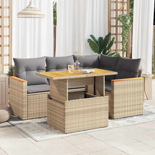 5-tlg. Garten-Sofagarnitur mit Kissen Beige Poly Rattan Akazie