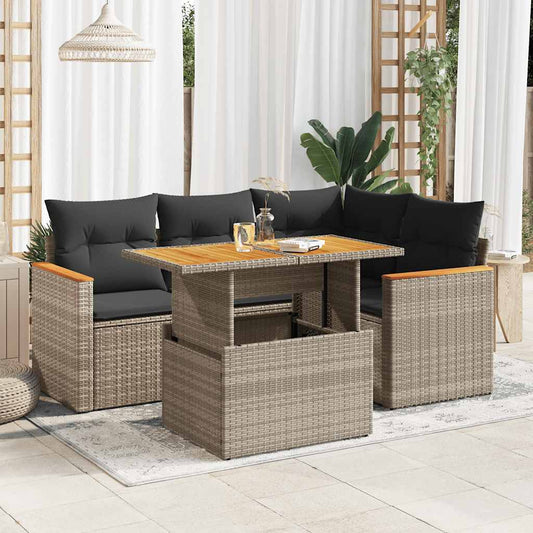 5-tlg. Garten-Sofagarnitur mit Kissen Grau Poly Rattan Akazie