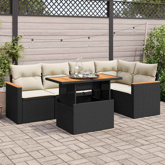 5tlg. Garten-Sofagarnitur mit Kissen Schwarz Poly Rattan Akazie