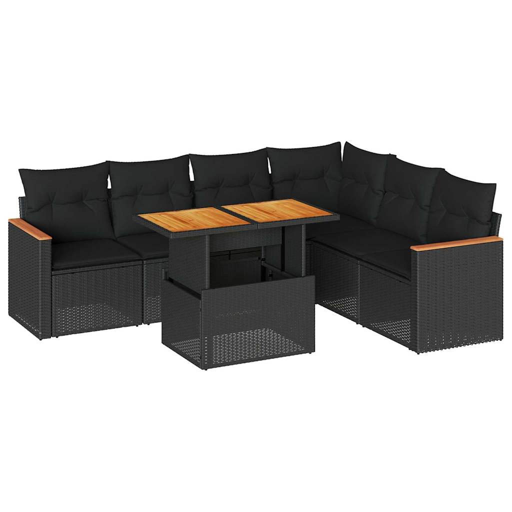 7-tlg. Garten-Sofagarnitur mit Kissen Schwarz Poly Rattan