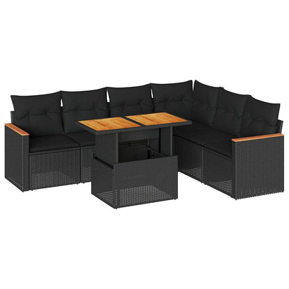 7-tlg. Garten-Sofagarnitur mit Kissen Schwarz Poly Rattan