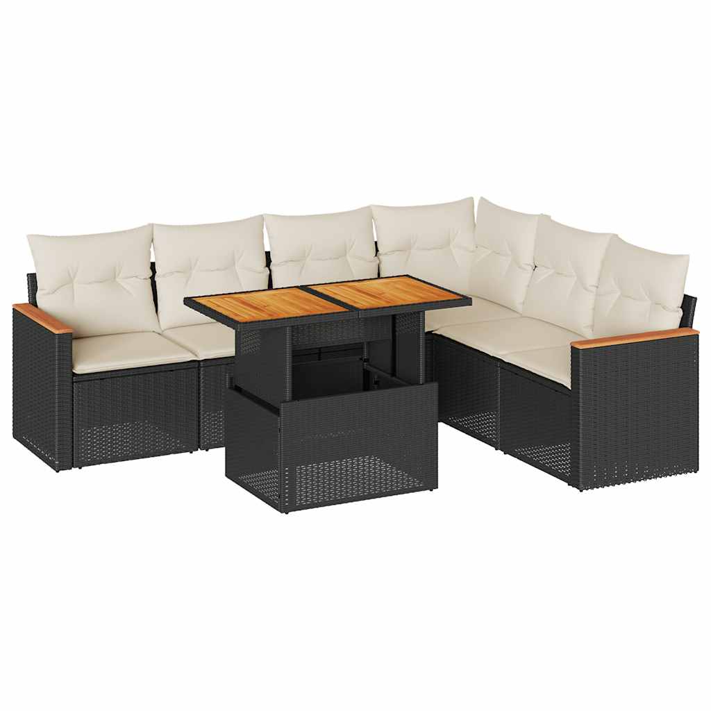 7-tlg. Garten-Sofagarnitur mit Kissen Schwarz Poly Rattan