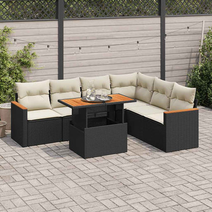 7-tlg. Garten-Sofagarnitur mit Kissen Schwarz Poly Rattan