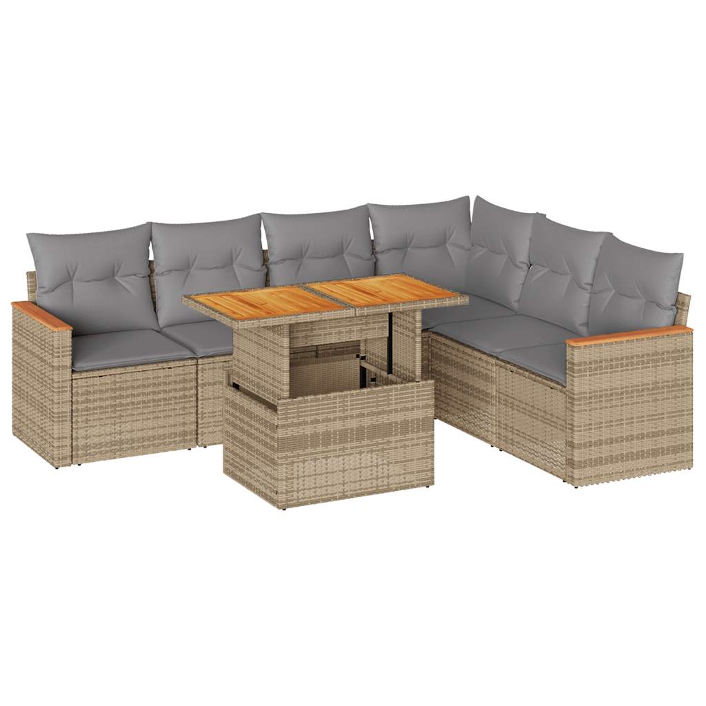 7-tlg. Garten-Sofagarnitur mit Kissen Beige Poly Rattan Akazie