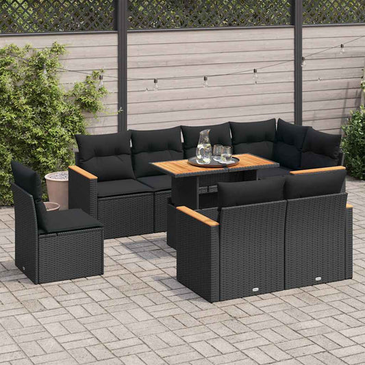 9-tlg. Garten-Sofagarnitur mit Kissen Schwarz Poly Rattan