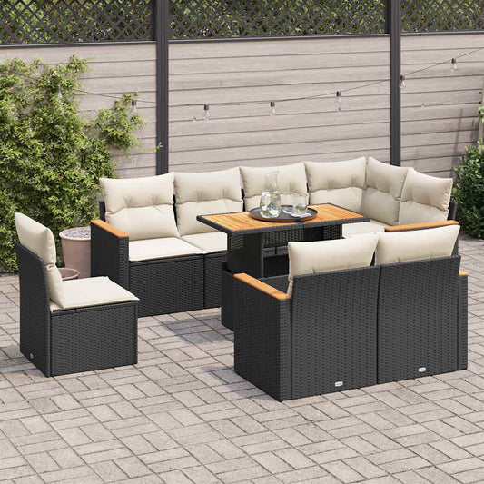 9-tlg. Garten-Sofagarnitur mit Kissen Schwarz Poly Rattan