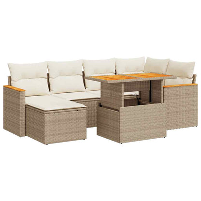 7-tlg. Garten-Sofagarnitur mit Kissen Beige Poly Rattan Akazie