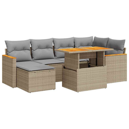 7-tlg. Garten-Sofagarnitur mit Kissen Beige Poly Rattan Akazie