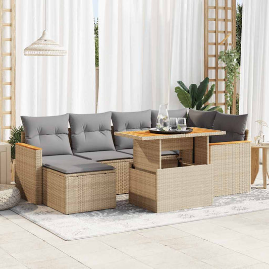 7-tlg. Garten-Sofagarnitur mit Kissen Beige Poly Rattan Akazie