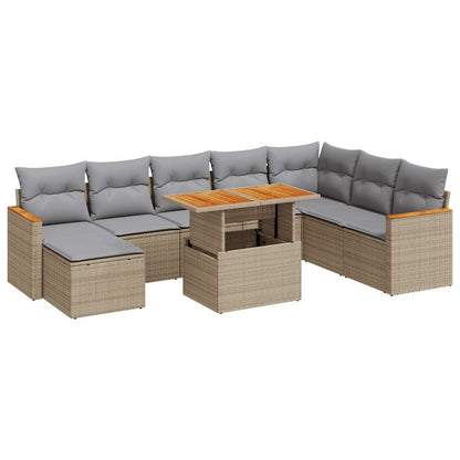 9-tlg. Garten-Sofagarnitur mit Kissen Beige Poly Rattan Akazie