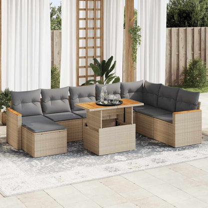 9-tlg. Garten-Sofagarnitur mit Kissen Beige Poly Rattan Akazie