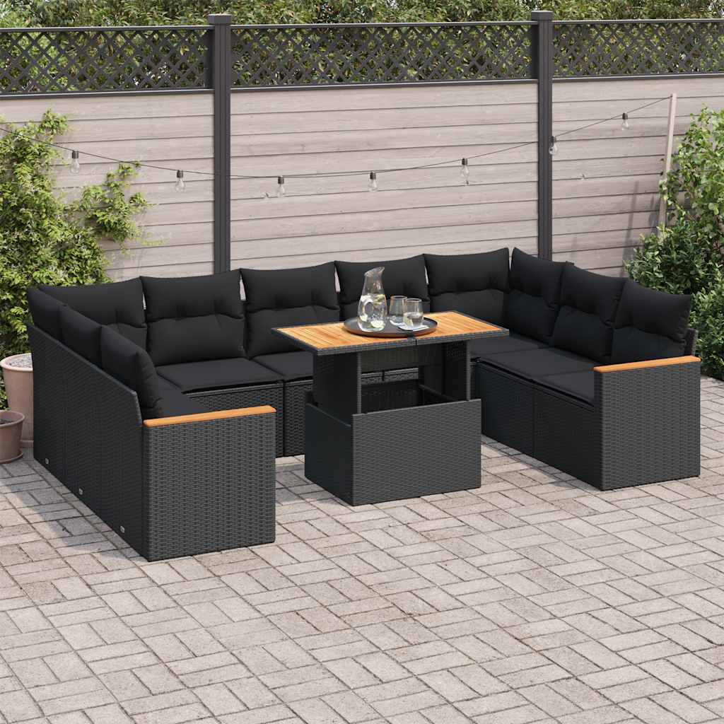 10-tlg. Garten-Sofagarnitur mit Kissen Schwarz Poly Rattan