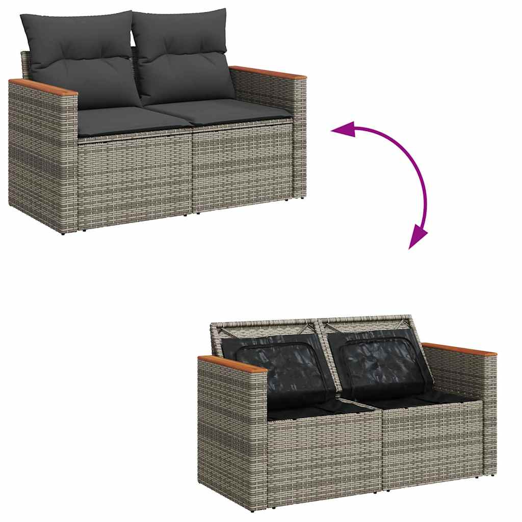 10-tlg. Garten-Sofagarnitur mit Kissen Grau Poly Rattan Akazie