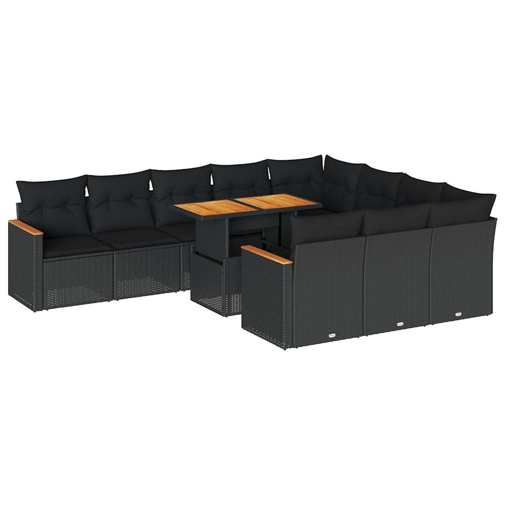 11-tlg. Garten-Sofagarnitur mit Kissen Schwarz Poly Rattan