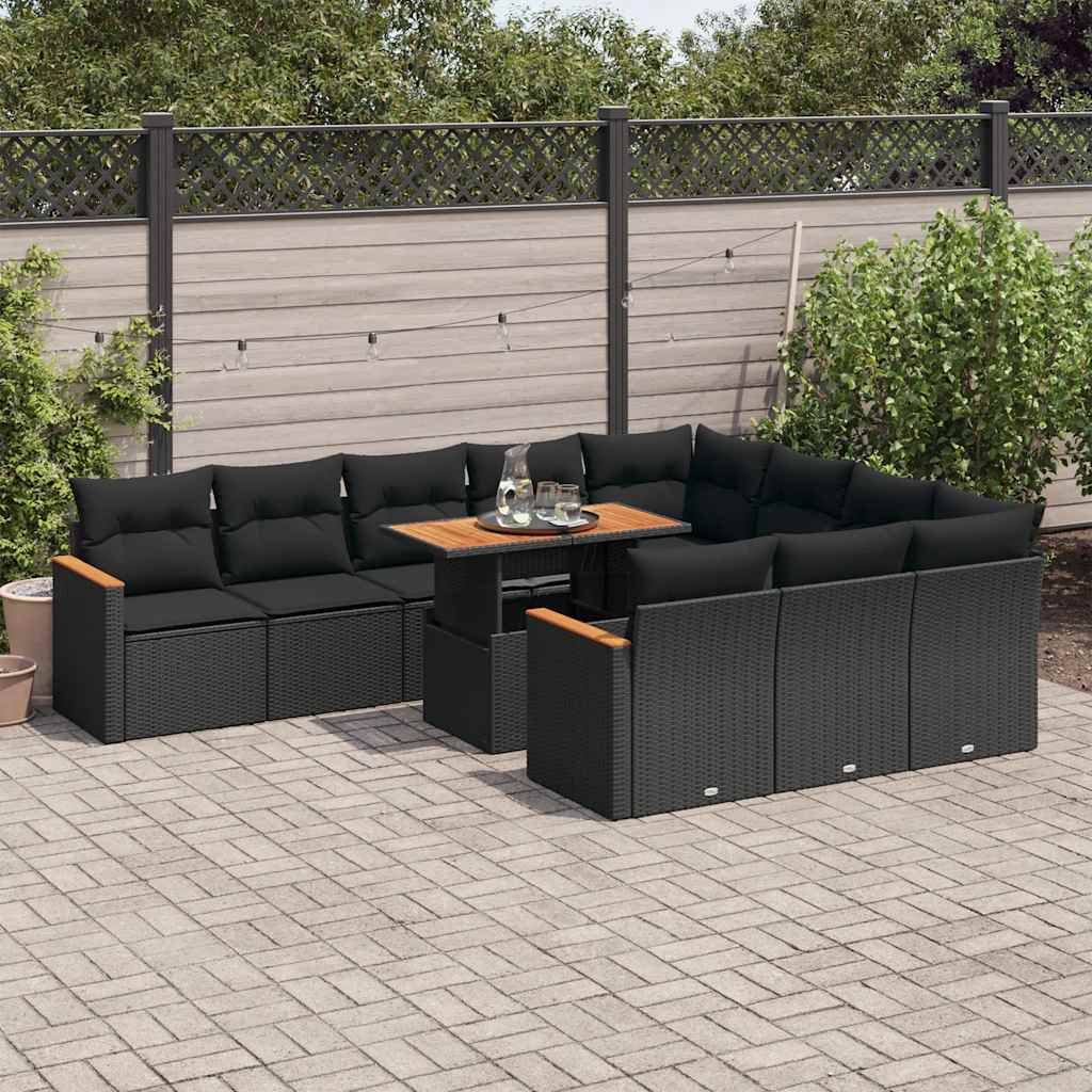 11-tlg. Garten-Sofagarnitur mit Kissen Schwarz Poly Rattan