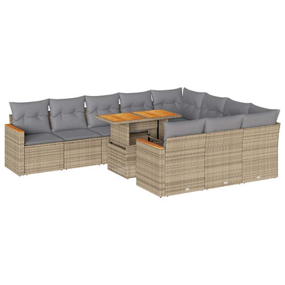 11-tlg. Garten-Sofagarnitur mit Kissen Beige Poly Rattan Akazie