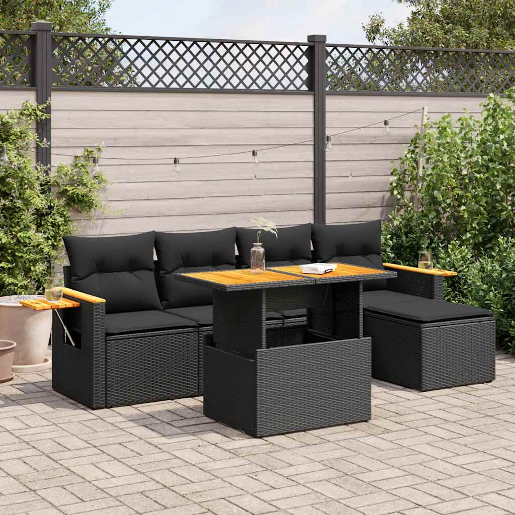 7-tlg. Garten-Sofagarnitur mit Kissen Schwarz Poly Rattan