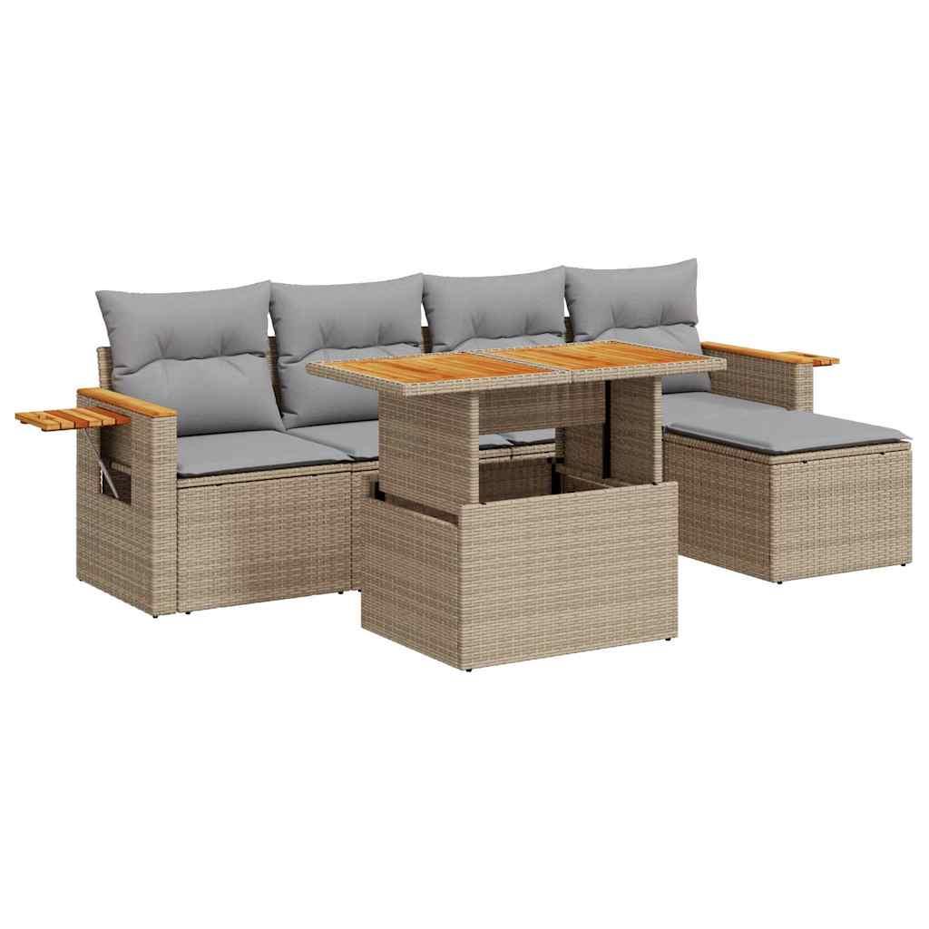 7-tlg. Garten-Sofagarnitur mit Kissen Beige Poly Rattan Akazie