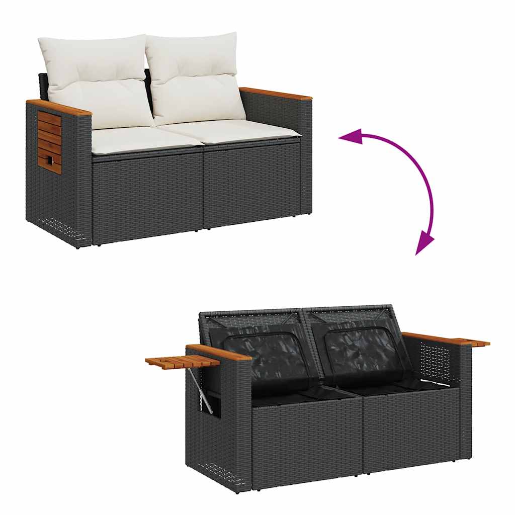 5tlg. Garten-Sofagarnitur mit Kissen Schwarz Poly Rattan Akazie