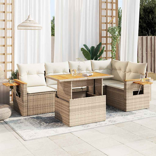 6-tlg. Garten-Sofagarnitur mit Kissen Beige Poly Rattan Akazie