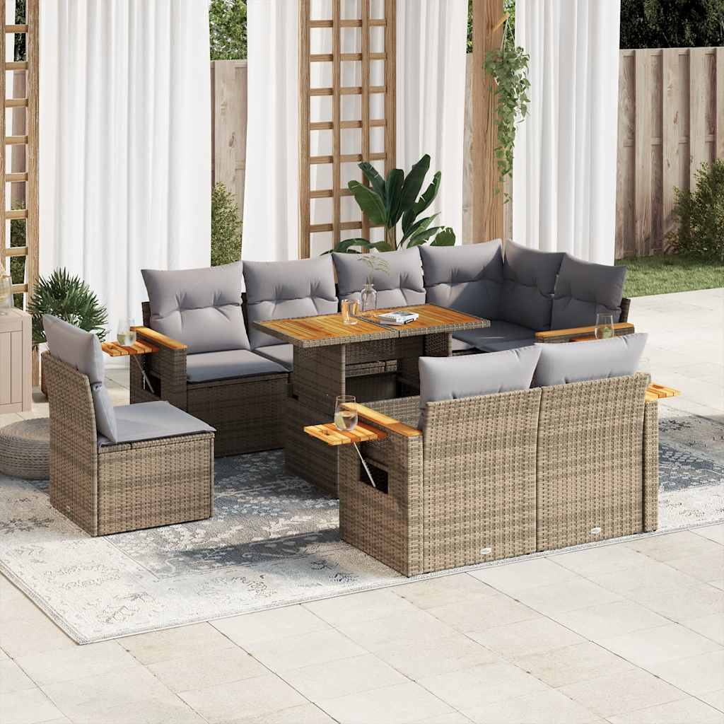 9-tlg. Garten-Sofagarnitur mit Kissen Beige Poly Rattan Akazie