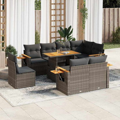 9-tlg. Garten-Sofagarnitur mit Kissen Grau Poly Rattan Akazie