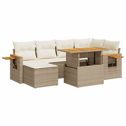 7-tlg. Garten-Sofagarnitur mit Kissen Beige Poly Rattan Akazie