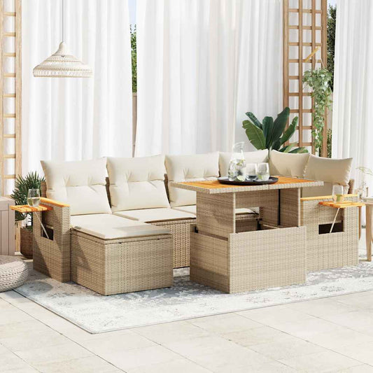 7-tlg. Garten-Sofagarnitur mit Kissen Beige Poly Rattan Akazie