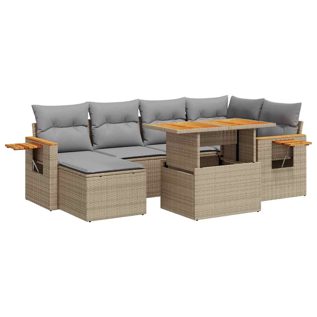 7-tlg. Garten-Sofagarnitur mit Kissen Beige Poly Rattan Akazie