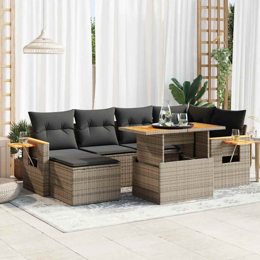 7-tlg. Garten-Sofagarnitur mit Kissen Grau Poly Rattan Akazie