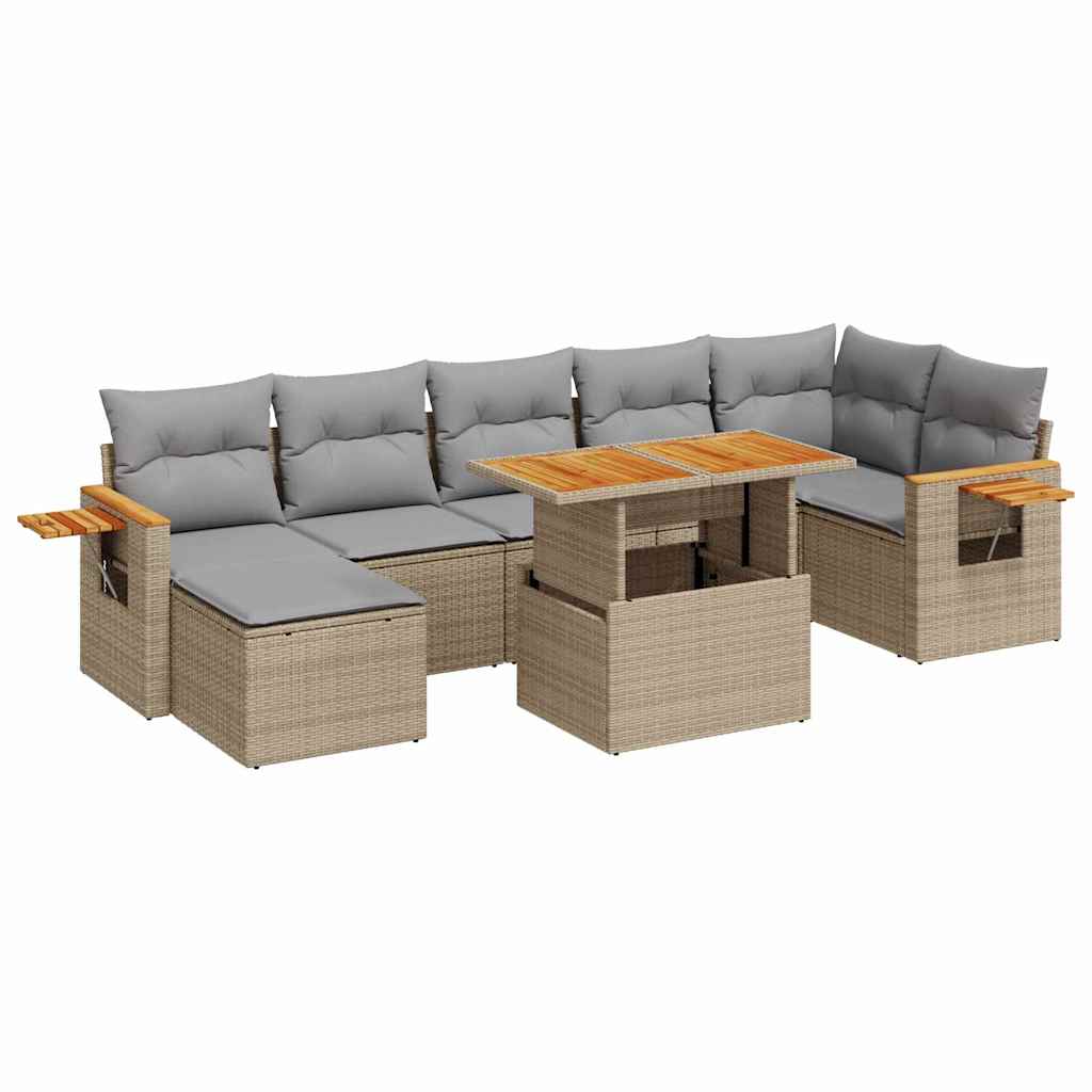 8-tlg. Garten-Sofagarnitur mit Kissen Beige Poly Rattan Akazie