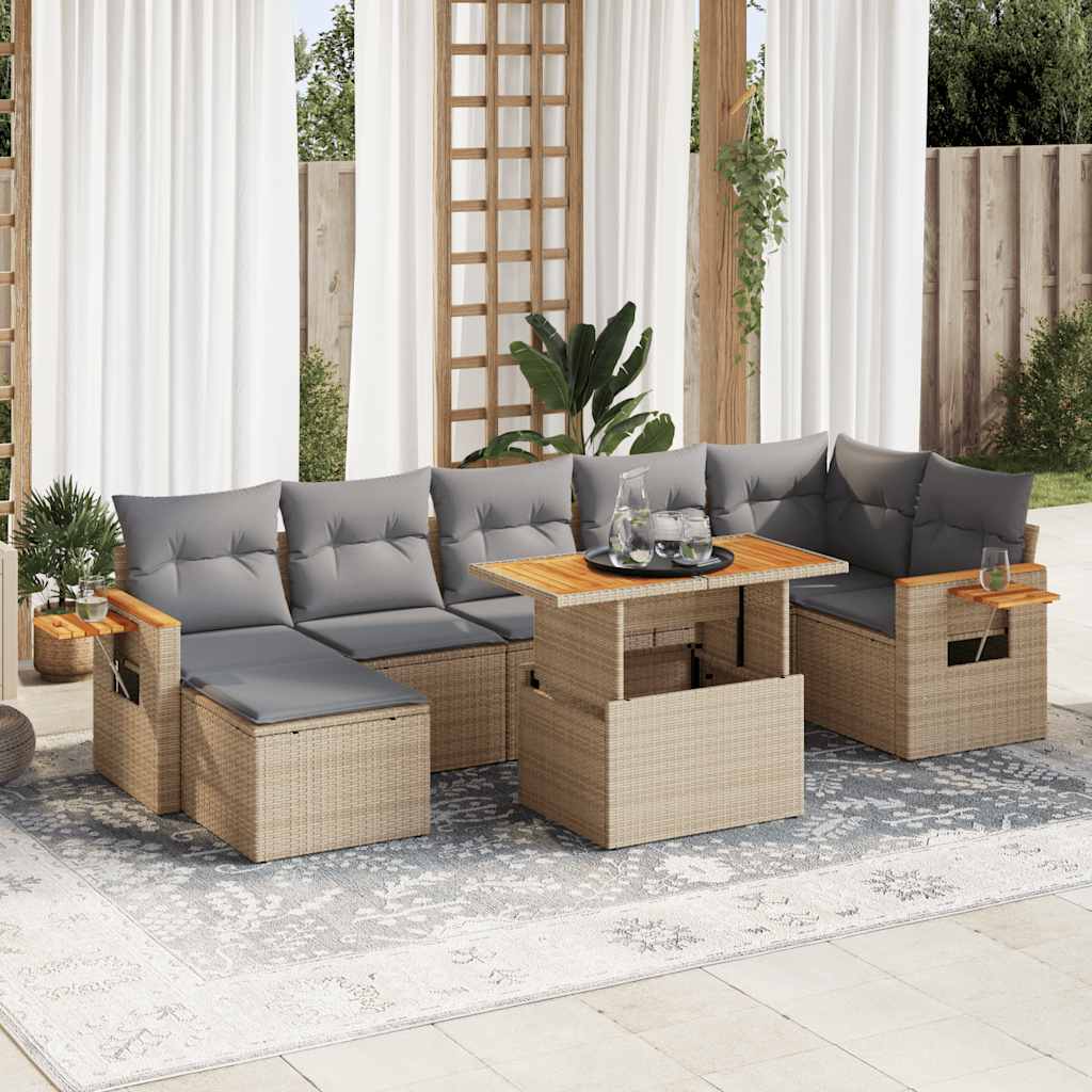 8-tlg. Garten-Sofagarnitur mit Kissen Beige Poly Rattan Akazie