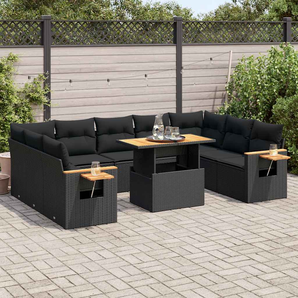 10-tlg. Garten-Sofagarnitur mit Kissen Schwarz Poly Rattan