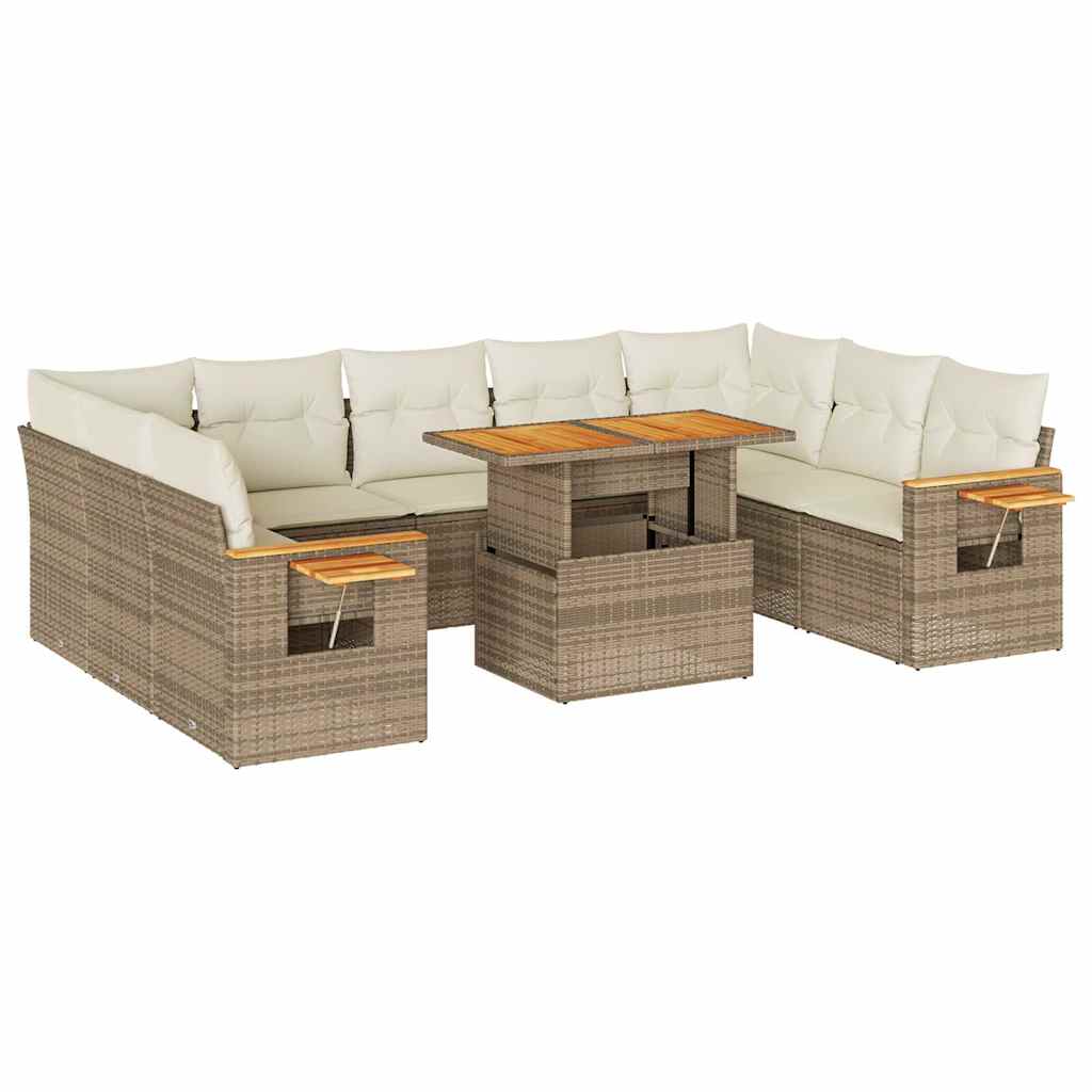 10-tlg. Garten-Sofagarnitur mit Kissen Beige Poly Rattan Akazie