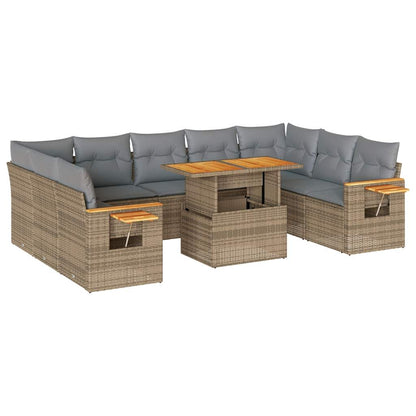 10-tlg. Garten-Sofagarnitur mit Kissen Beige Poly Rattan Akazie