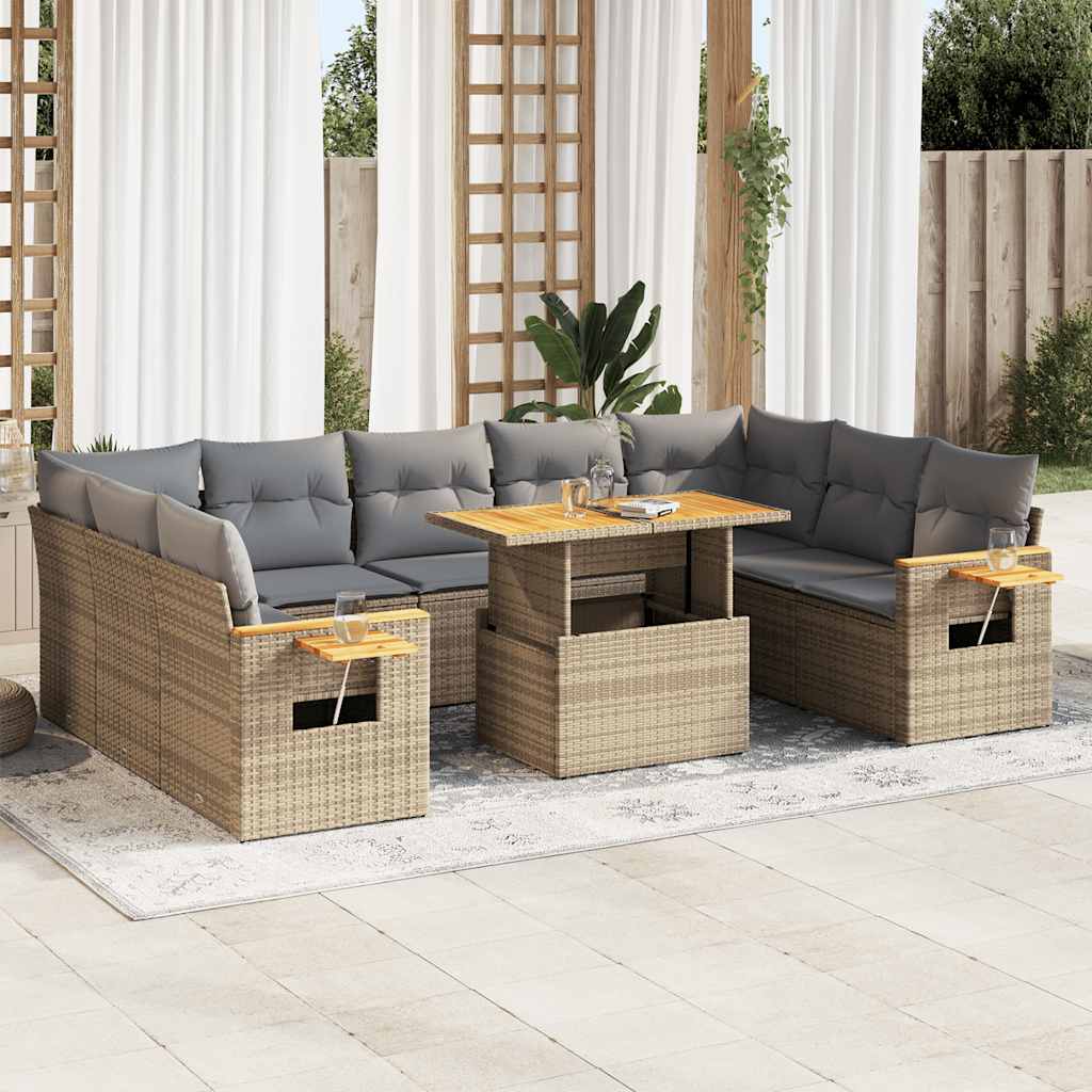 10-tlg. Garten-Sofagarnitur mit Kissen Beige Poly Rattan Akazie