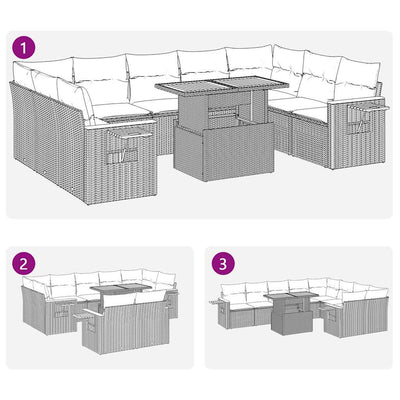 10-tlg. Garten-Sofagarnitur mit Kissen Grau Poly Rattan Akazie