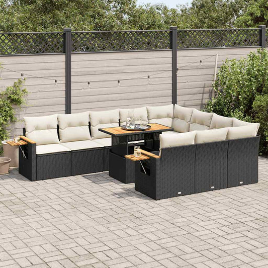 10-tlg. Garten-Sofagarnitur mit Kissen Schwarz Poly Rattan