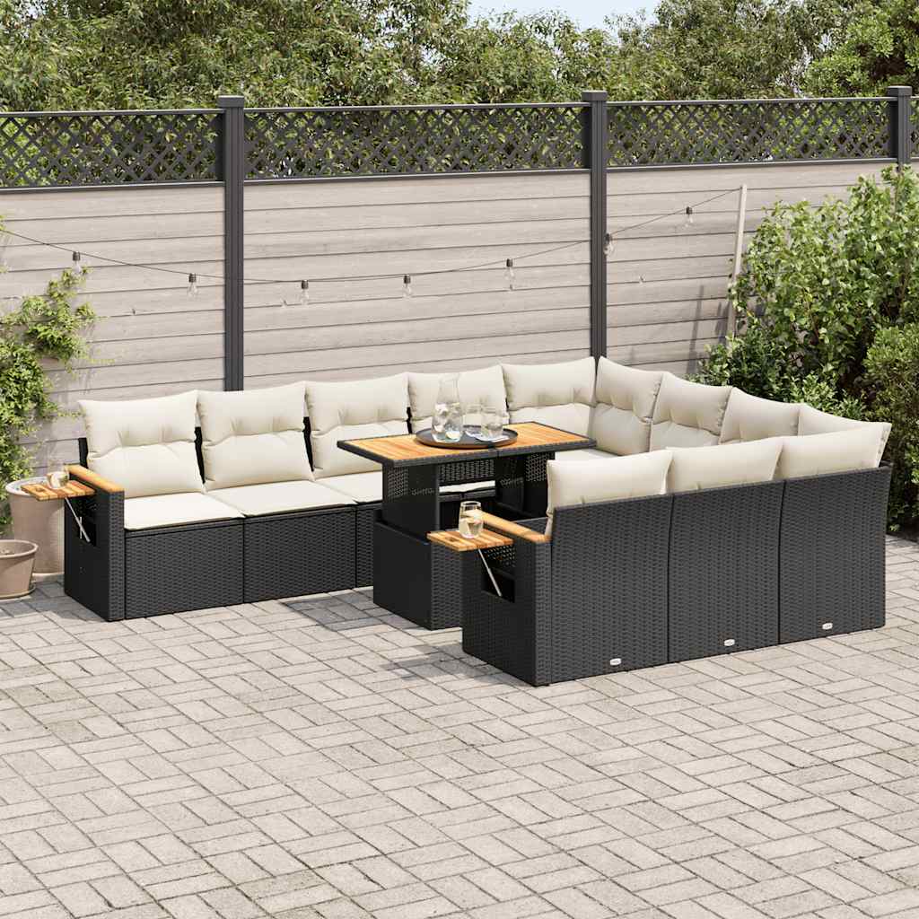 10-tlg. Garten-Sofagarnitur mit Kissen Schwarz Poly Rattan