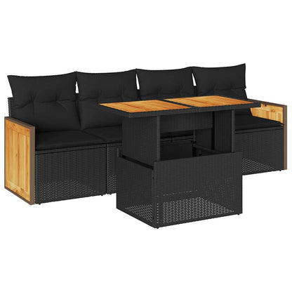 5tlg. Garten-Sofagarnitur mit Kissen Schwarz Poly Rattan Akazie