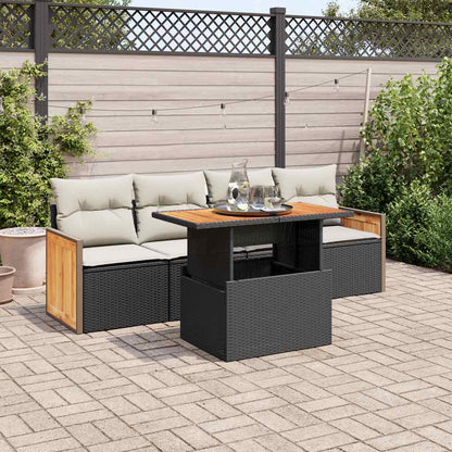 5tlg. Garten-Sofagarnitur mit Kissen Schwarz Poly Rattan Akazie