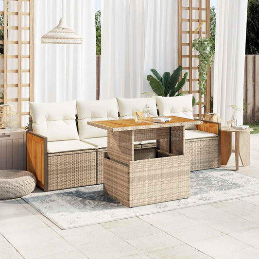 5-tlg. Garten-Sofagarnitur mit Kissen Beige Poly Rattan Akazie