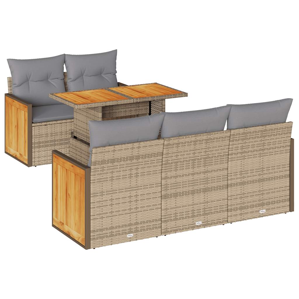 6-tlg. Garten-Sofagarnitur mit Kissen Beige Poly Rattan Akazie