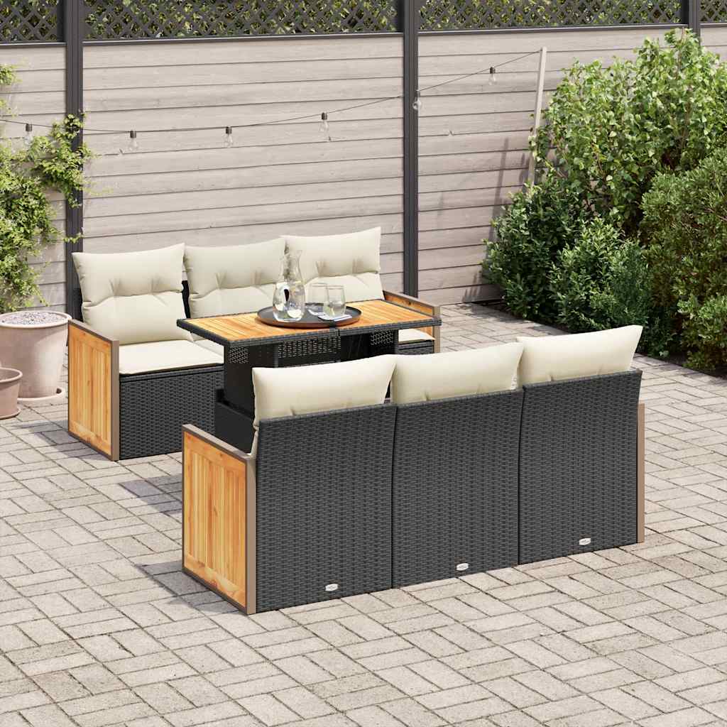 7-tlg. Garten-Sofagarnitur mit Kissen Schwarz Poly Rattan